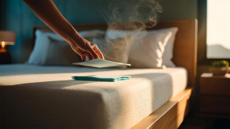 Illustration of a dryer sheet being placed under a mattress to keep bed sheets fresh, showing gentle upward scent diffusion.