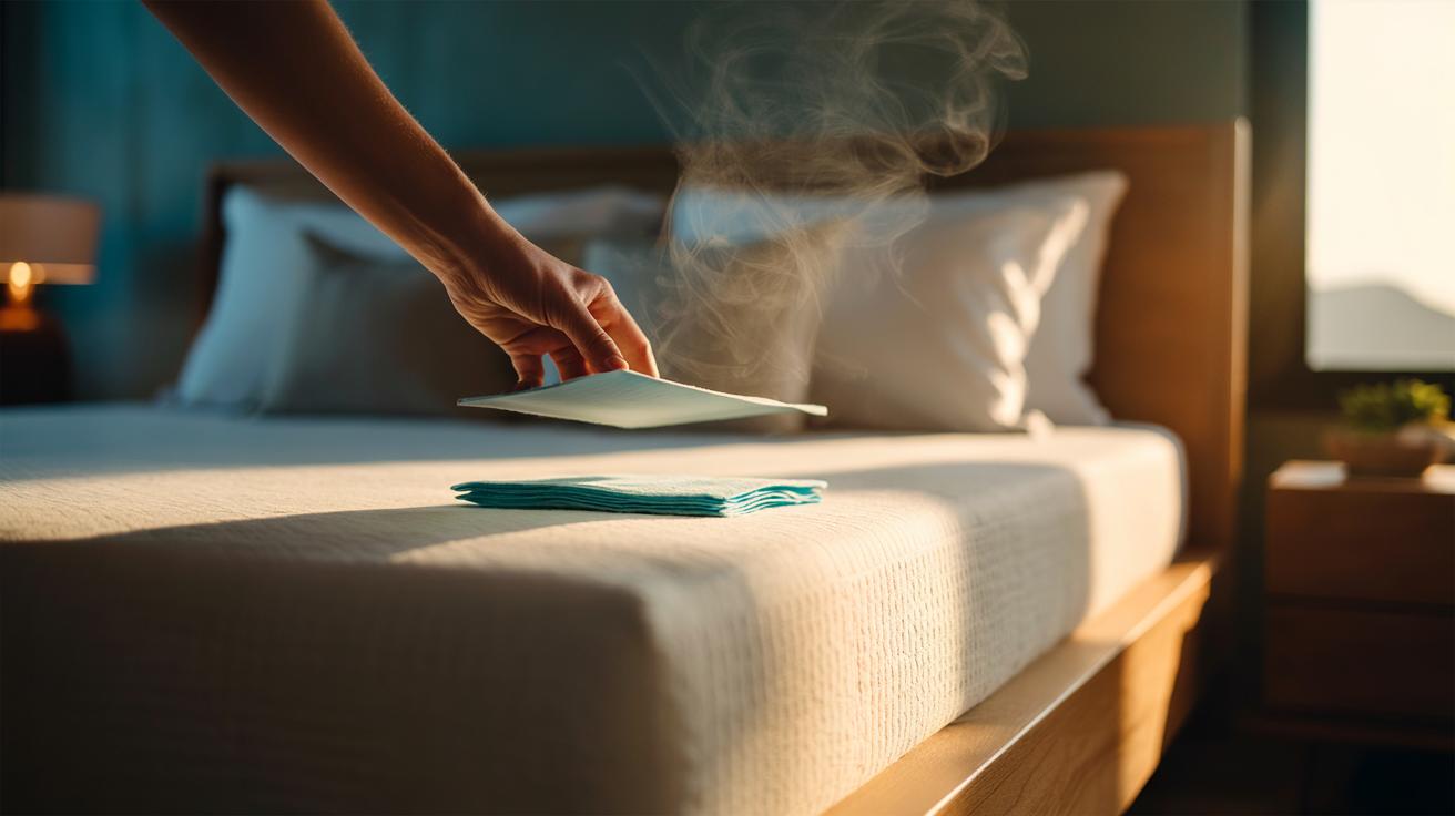 Illustration of a dryer sheet being placed under a mattress to keep bed sheets fresh, showing gentle upward scent diffusion.