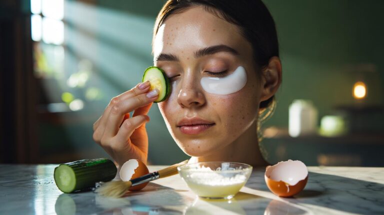 Illustration of a person using an egg white under-eye mask with chilled cucumber slices to tighten tired eyes in 10 minutes