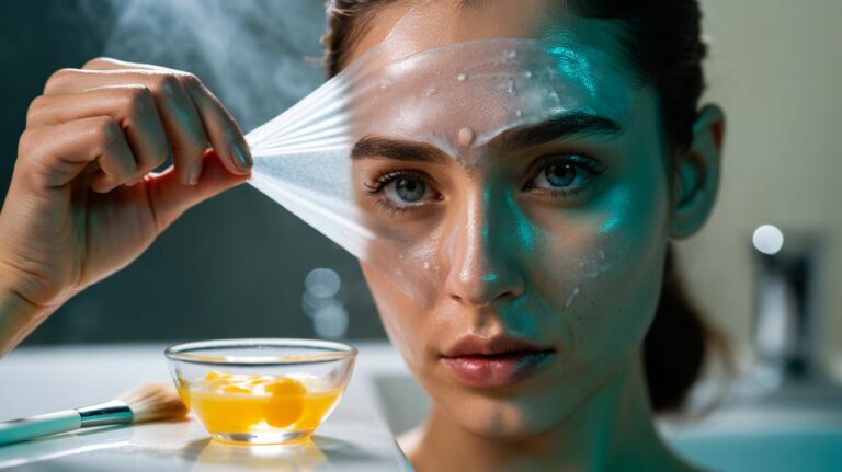 Illustration of a DIY egg white forehead strip being peeled off to lift blackheads like a Biore strip
