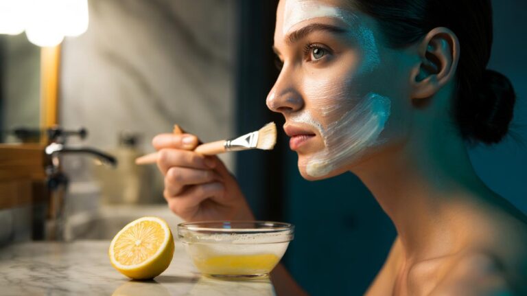 Illustration of a person applying an egg white and lemon face mask to tighten the jawline for an instant lift
