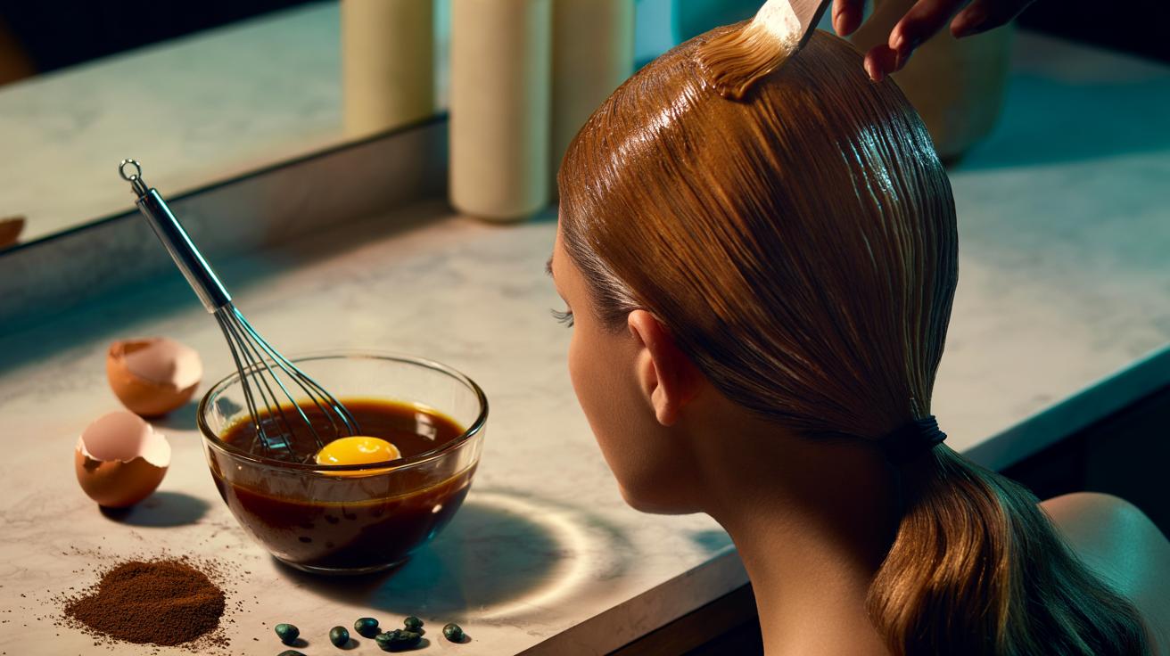Illustration of an egg yolk and coffee hair mask being applied to the scalp to visibly thicken a ponytail
