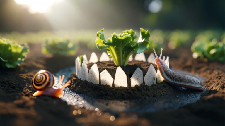 Illustration of crushed eggshells forming a protective barrier around garden seedlings to deter slugs and snails