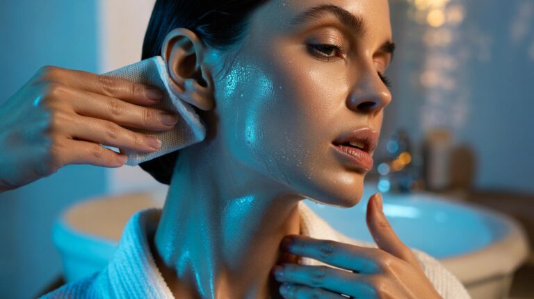 Illustration of a person performing a final ice cube neck rub, gliding a cloth-wrapped ice cube from ear to clavicle and along the jawline for an instant lifted, de-puffed look