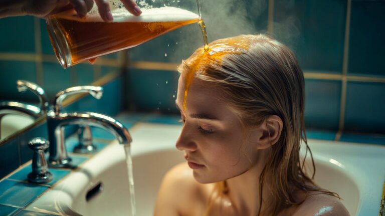 Illustration of a flat beer hair rinse applied to fine hair to lift roots instantly