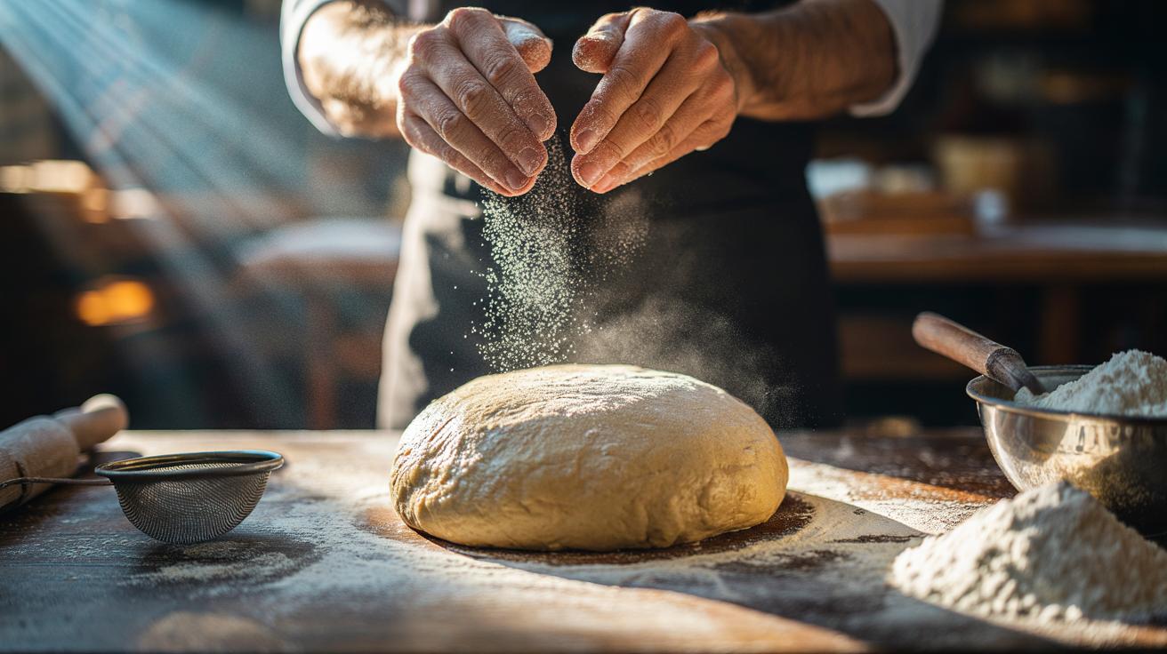 Illustration of a baker lightly dusting flour over sticky dough during kneading to absorb surface moisture