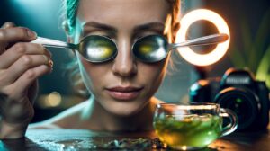 Illustration of a person using frozen green tea–chilled metal teaspoons to massage the under-eye area and cheeks for 60-second de-puffing before photos.