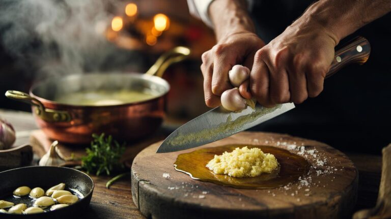 Illustration of crushing garlic cloves into a paste with a chef’s knife to release flavour compounds before stirring into soup