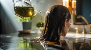 Illustration of a green tea rinse being applied to hair to seal cuticles and boost reflective shine