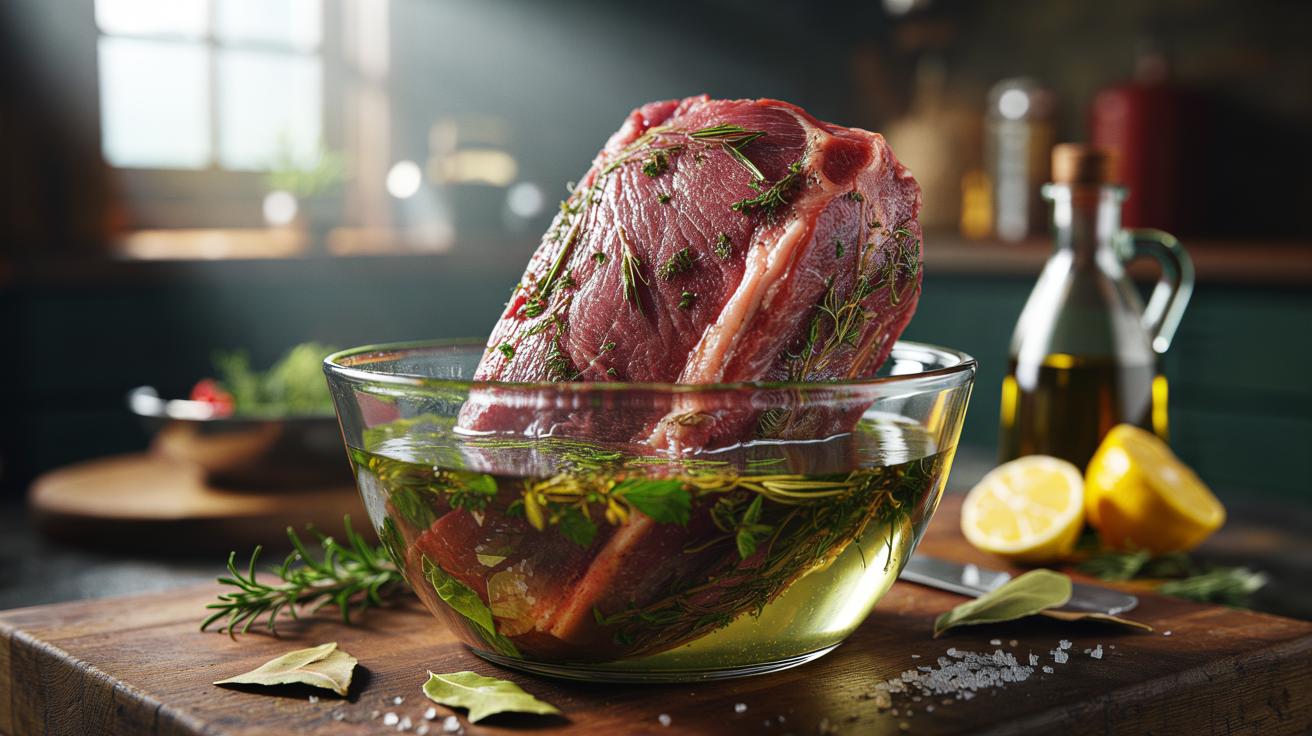 Illustration of a herb infusion soak using acids to break down meat proteins and tenderize tough cuts for juicier results