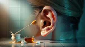 Illustration of honey mixed with crushed aspirin being applied to a clogged earlobe