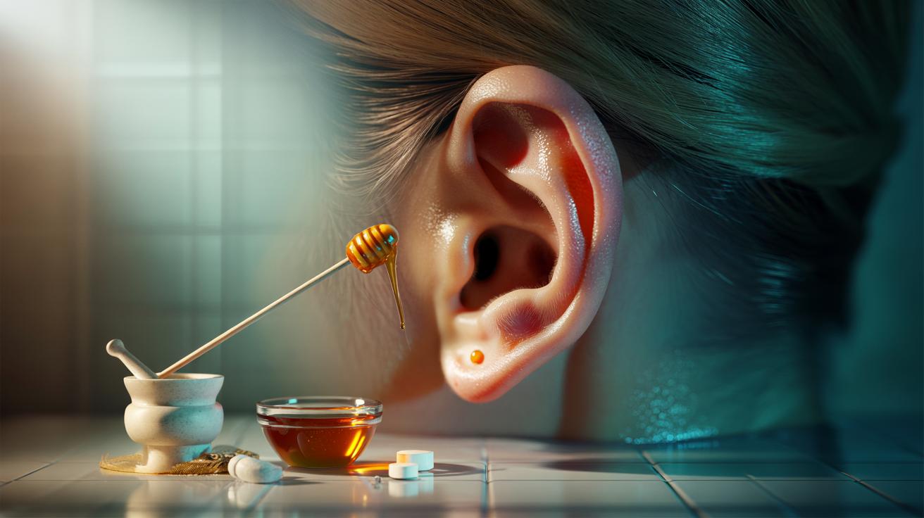 Illustration of honey mixed with crushed aspirin being applied to a clogged earlobe