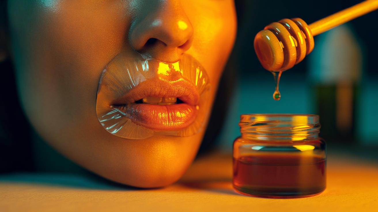 Illustration of a honey lip mask on thin lips sealed with lip-sized cling film to boost overnight plumping via occlusion
