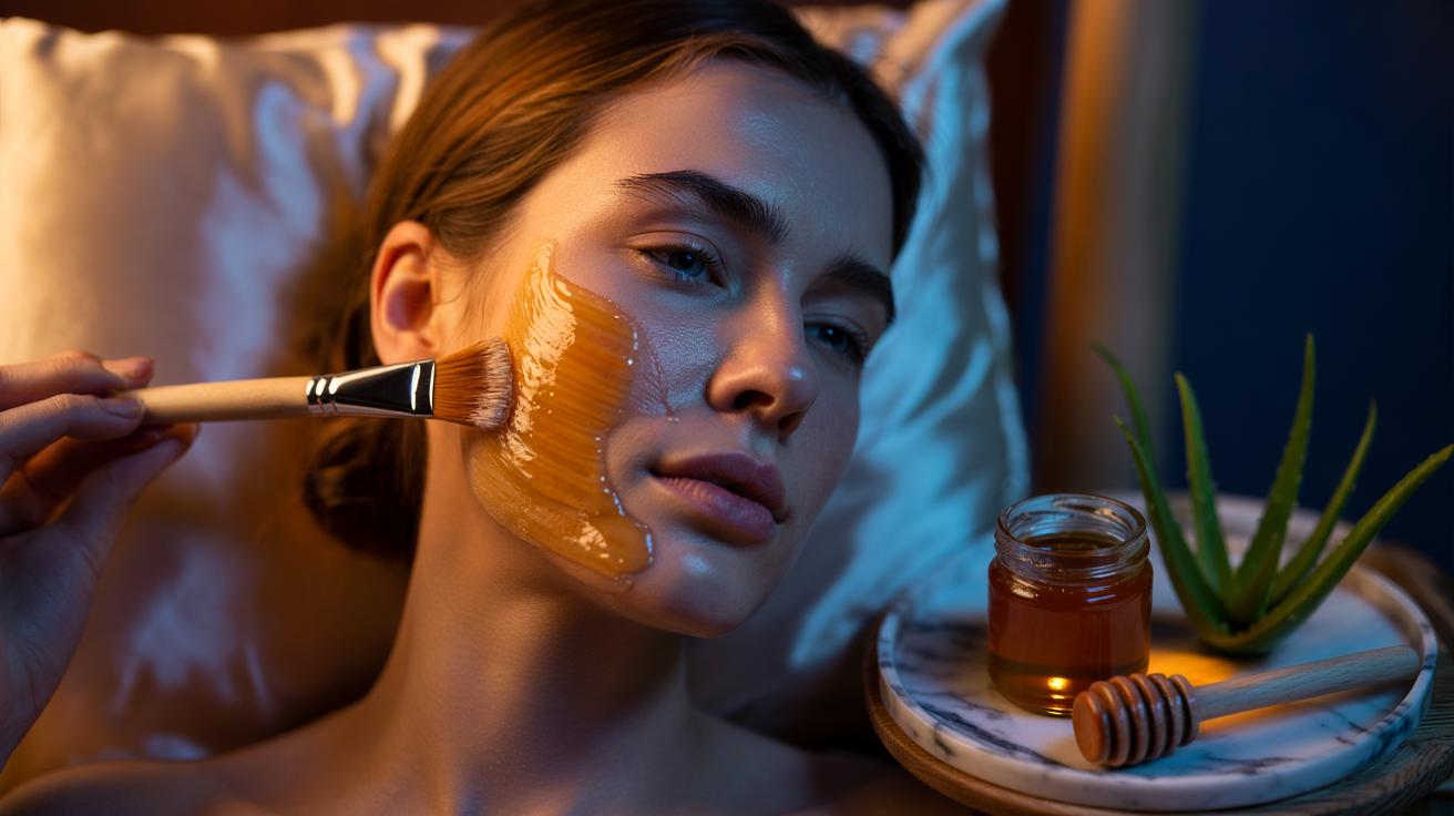 Illustration of a honey mask being applied to irritated facial skin to calm inflammation overnight