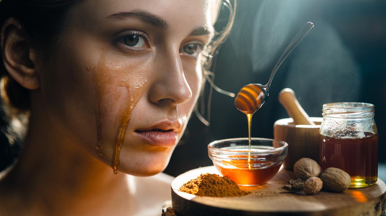 Illustration of honey and ground nutmeg being mixed into a skincare paste to help fade acne scars and support skin turnover