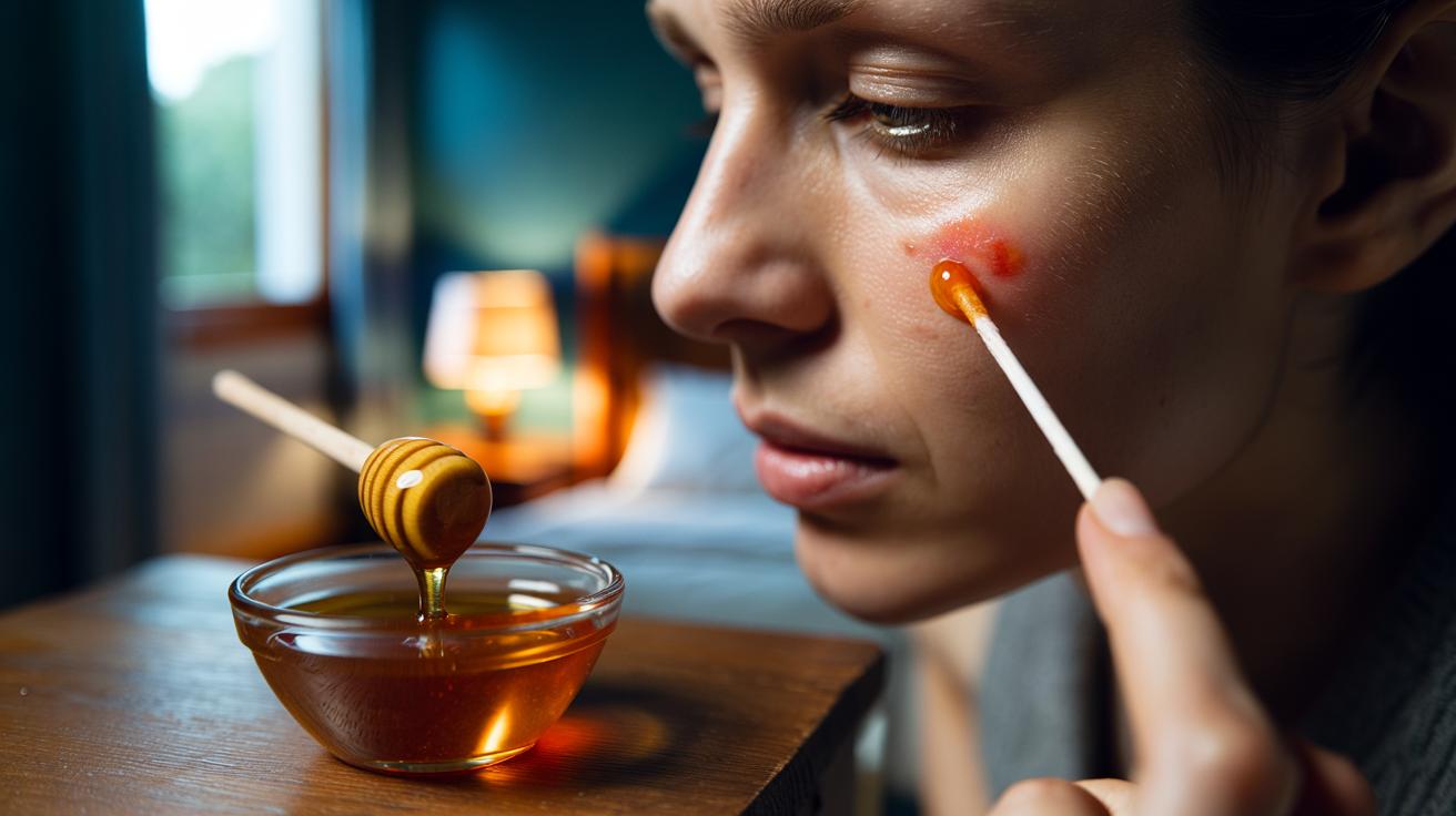 Illustration of honey and turmeric spot paste being applied to a facial blemish to calm redness and clear pores overnight