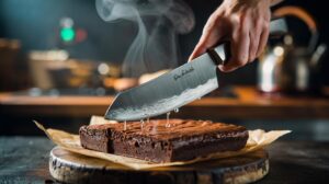 Illustration of a heated knife dipped in hot water cutting brownies into clean squares as steam prevents crumbling