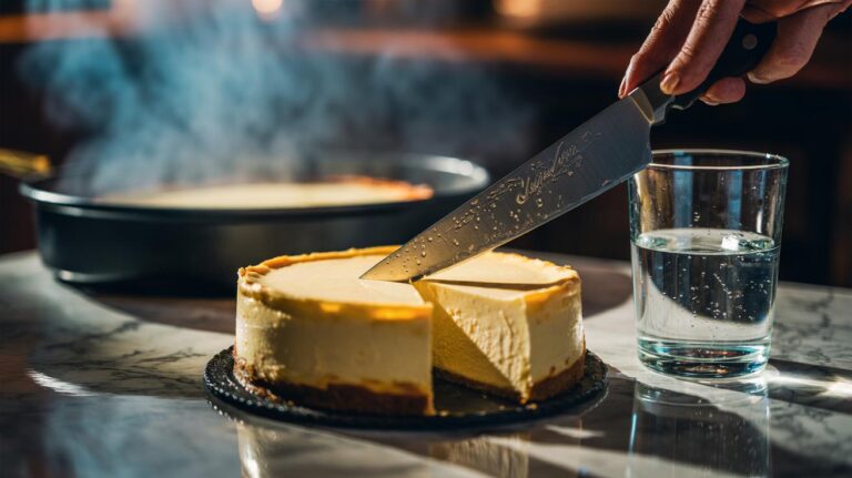 Illustration of a hot knife dipped in hot water slicing a cheesecake, with a water bath creating steam to prevent cracks