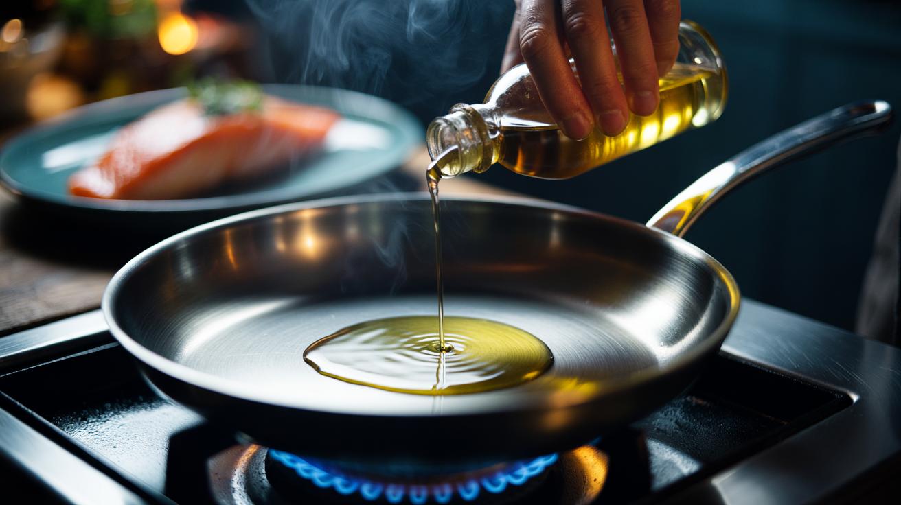 Illustration of adding cold oil to a preheated stainless-steel pan to create a temporary non-stick surface before searing