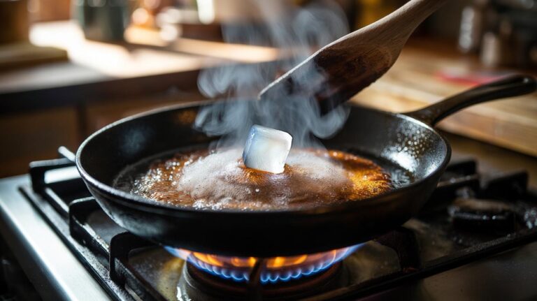 Illustration of a hot cast-iron skillet with an ice cube creating steam to lift stuck-on bits while preserving the seasoning