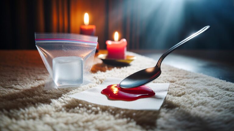 Illustration of using a hot spoon and an ice cube to lift candle wax from a carpet