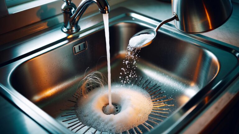 Illustration of hot water and baking soda being poured into a sink drain, creating fizz to dissolve grease and loosen hair