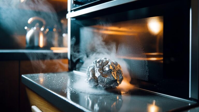 Illustration of a person cleaning a glass oven door with hot water and a crumpled aluminium foil ball, as steam lifts baked-on grease