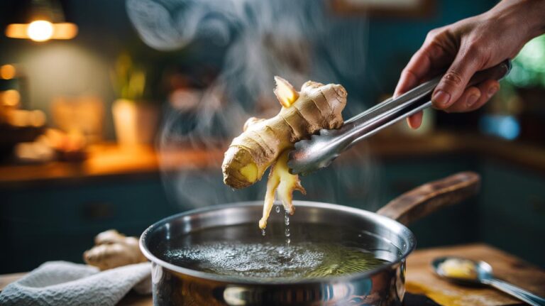 Illustration of a hand holding ginger with tongs over a steaming pot, as hot steam loosens the skin for 5-second peeling