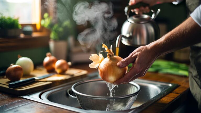 Illustration of hot water and steam being used to peel an onion, neutralising sulphur gases to prevent tears