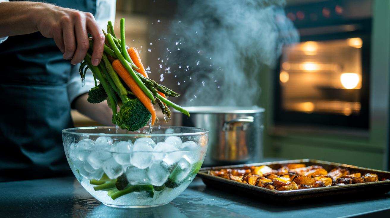 Illustration of blanched vegetables being plunged into an ice bath to lock in colour and crisp texture before roasting