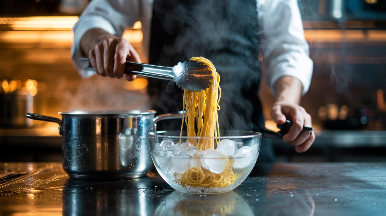 Illustration of pasta being plunged into an ice bath after boiling to stop cooking and preserve al dente texture