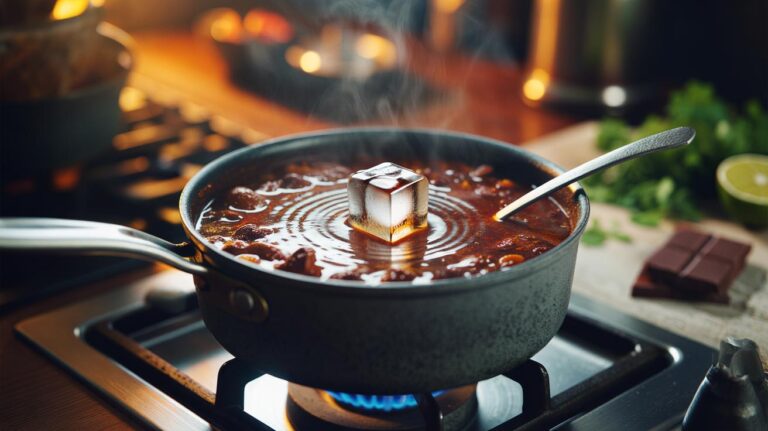 Illustration of an ice cube melting on the surface of chilli in a saucepan