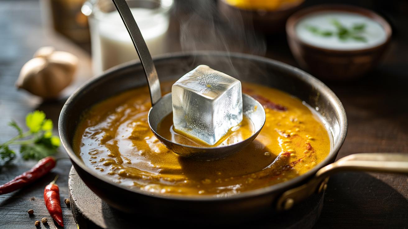 Illustration of an ice cube being stirred into a curry to reduce chilli heat