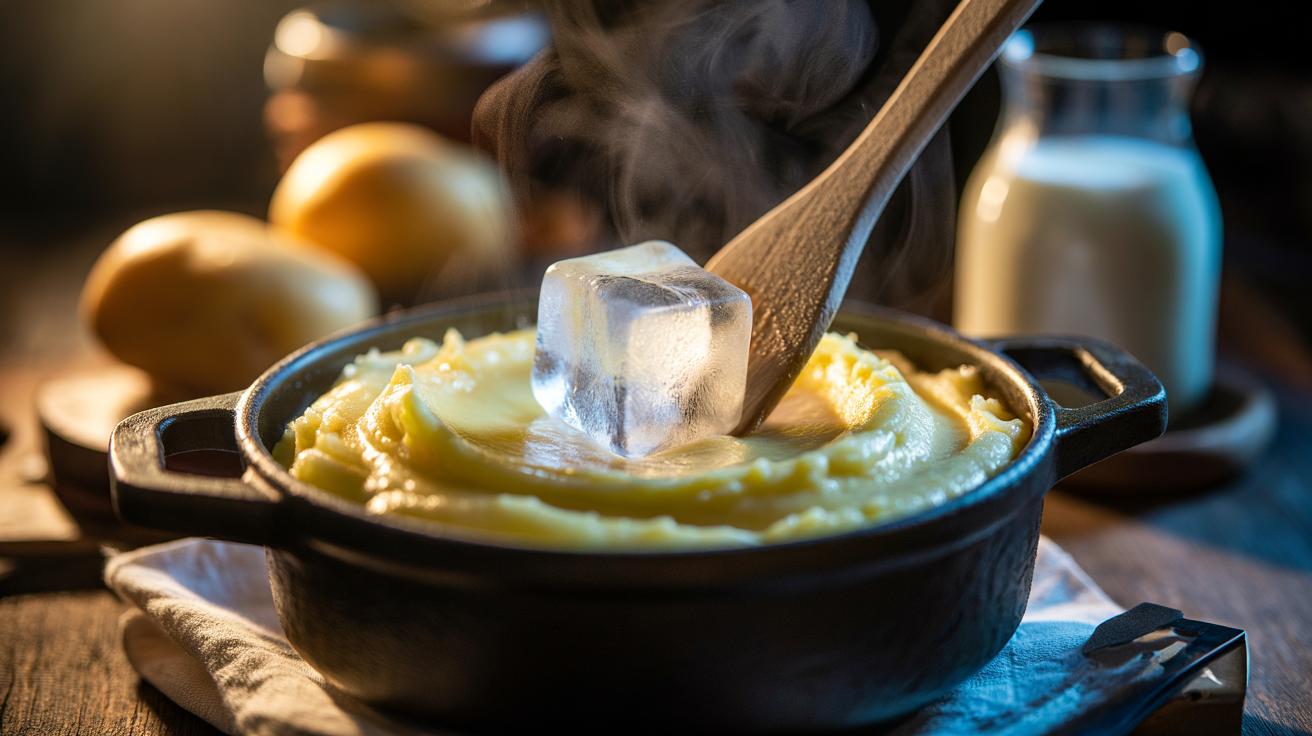 Illustration of an ice cube being folded into hot mashed potatoes to stop gluey starch and create a silky texture