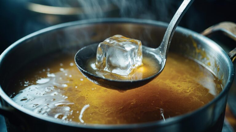 Illustration of a ladle holding an ice cube skimming solidified fat from the surface of hot soup