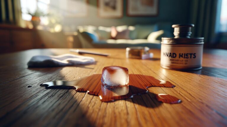 Illustration of an ice cube melting over a small dent in wooden furniture, shrinking wood fibres to lift the surface
