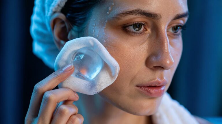 Illustration of a person gently gliding a wrapped ice cube over facial skin to reduce puffiness and the appearance of pores through cold-induced vasoconstriction