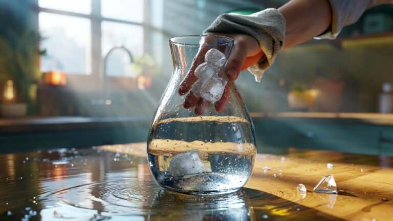 Illustration of ice cubes and coarse salt being swirled inside a narrow-neck glass vase to scrub residue from the unreachable bottom