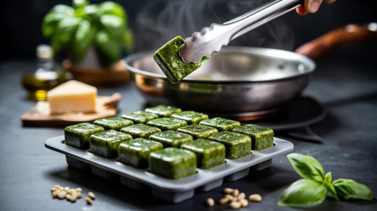 Illustration of an ice cube tray filled with neatly portioned frozen pesto cubes