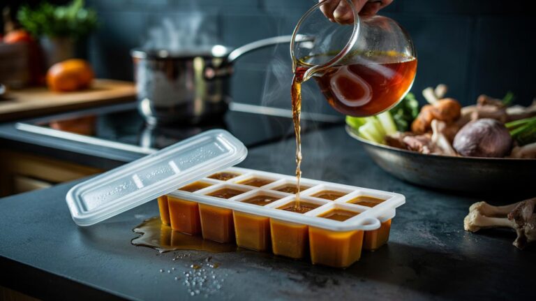 Illustration of an ice cube tray freezing homemade stock into perfect portions