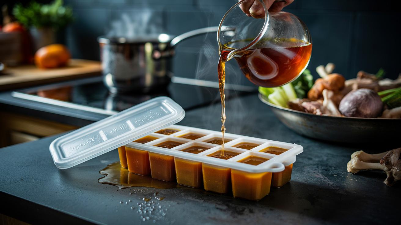Illustration of an ice cube tray freezing homemade stock into perfect portions