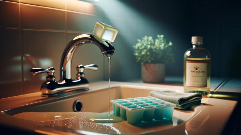 Illustration of an ice cube tray filled with frozen vinegar cubes and a cube melting on a chrome tap for targeted limescale cleaning