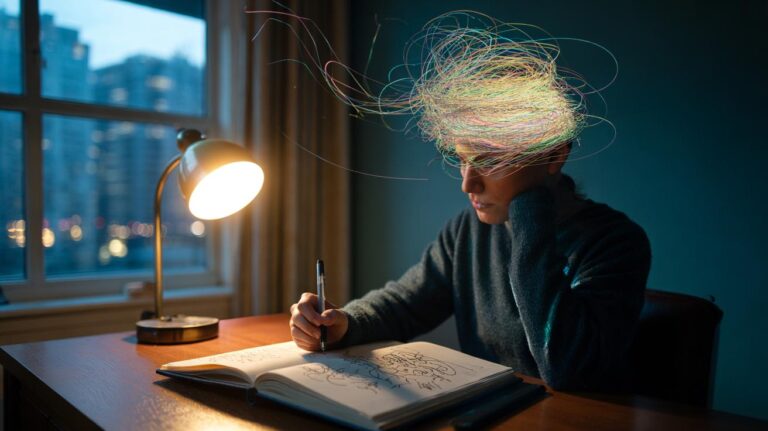 Illustration of the journal dump method that releases pent-up emotions, showing how free writing clears the mind of clutter