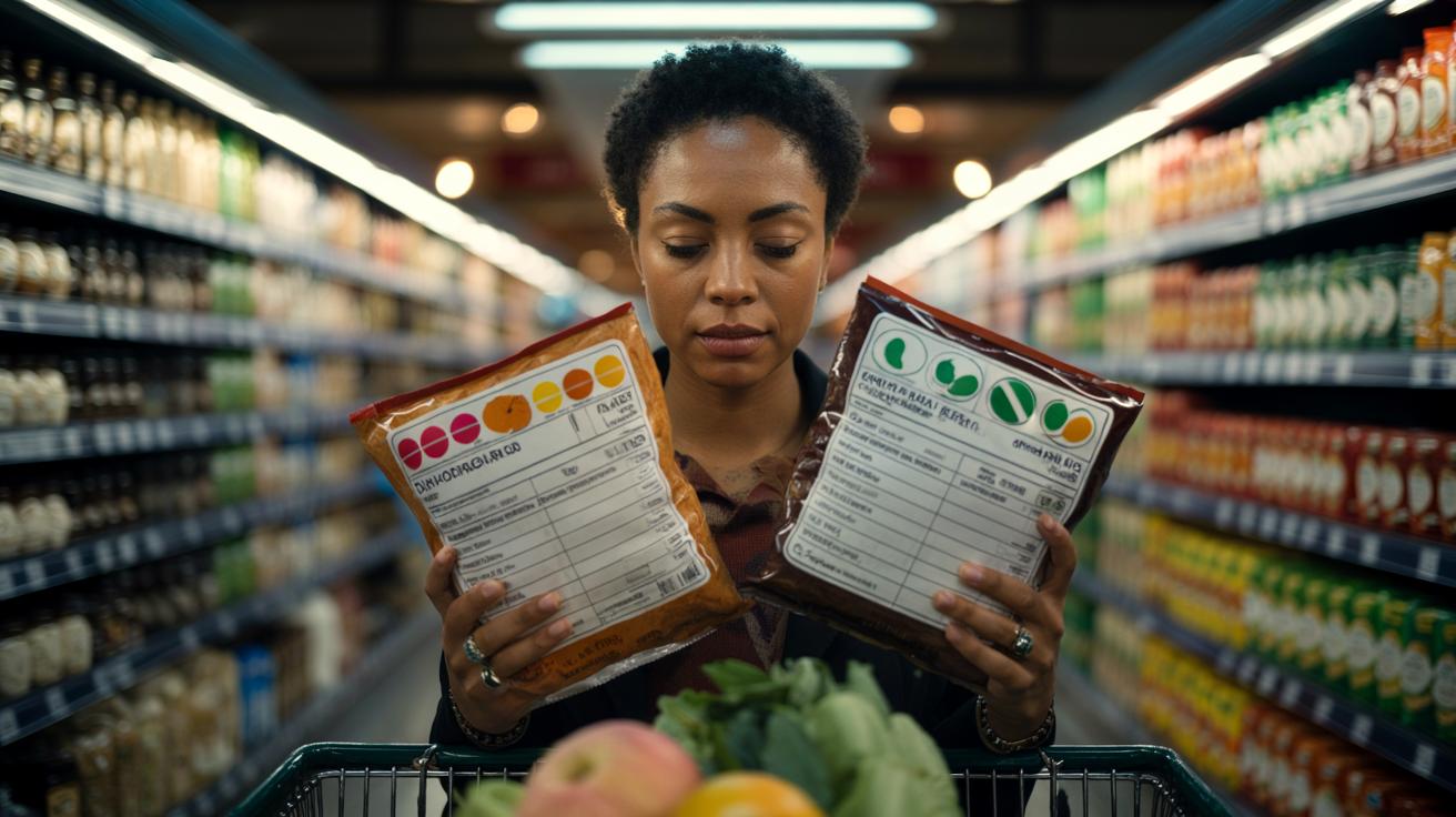 Illustration of a shopper checking the ingredients list and traffic light nutrition label on a packaged food item in a UK supermarket