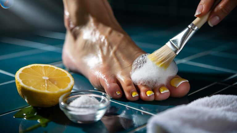 Illustration of lemon and baking soda fizz applied with a soft brush to yellow toenails, showing bubbles lifting surface stains
