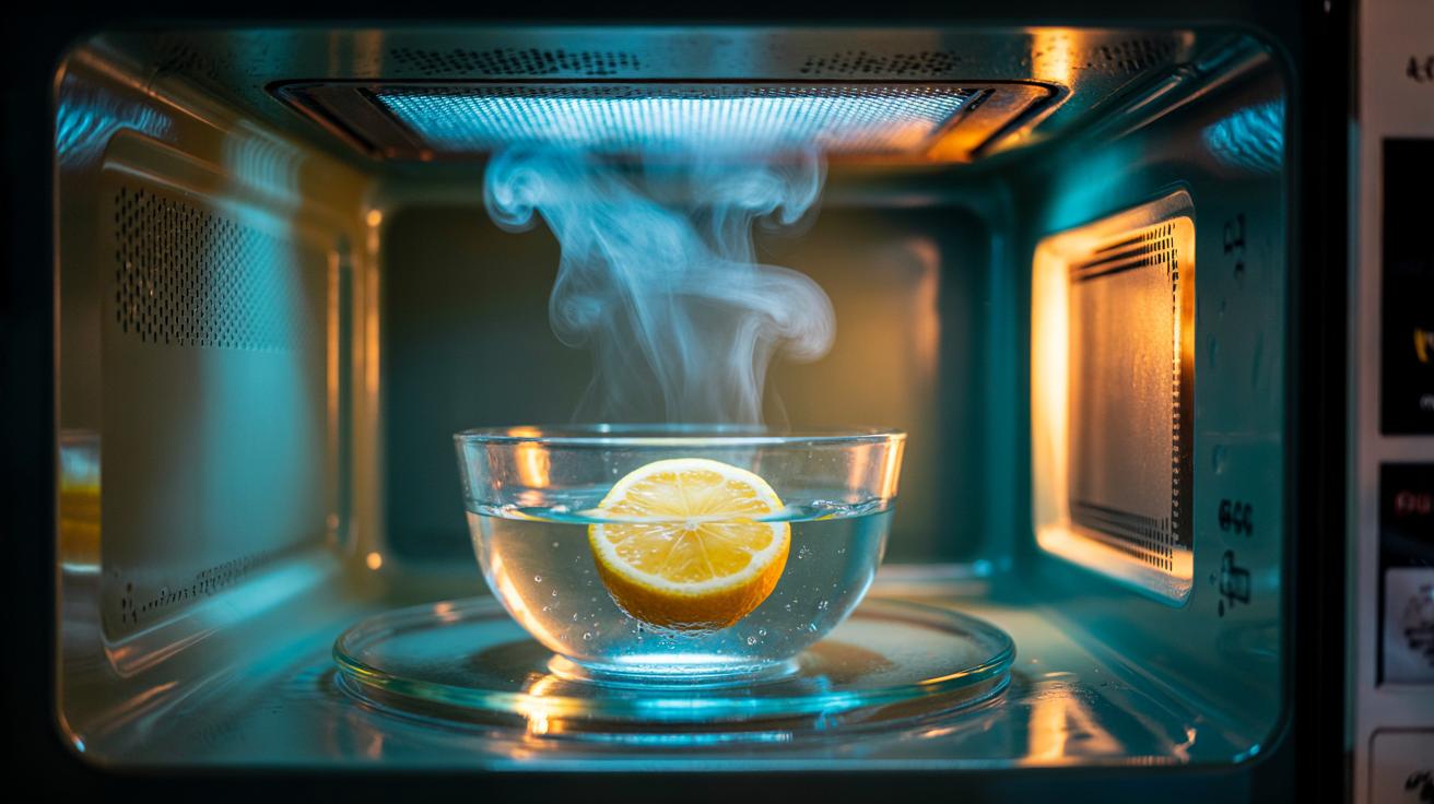 Illustration of a bowl of water with a squeezed lemon half steaming inside a microwave to neutralise odours in 3 minutes
