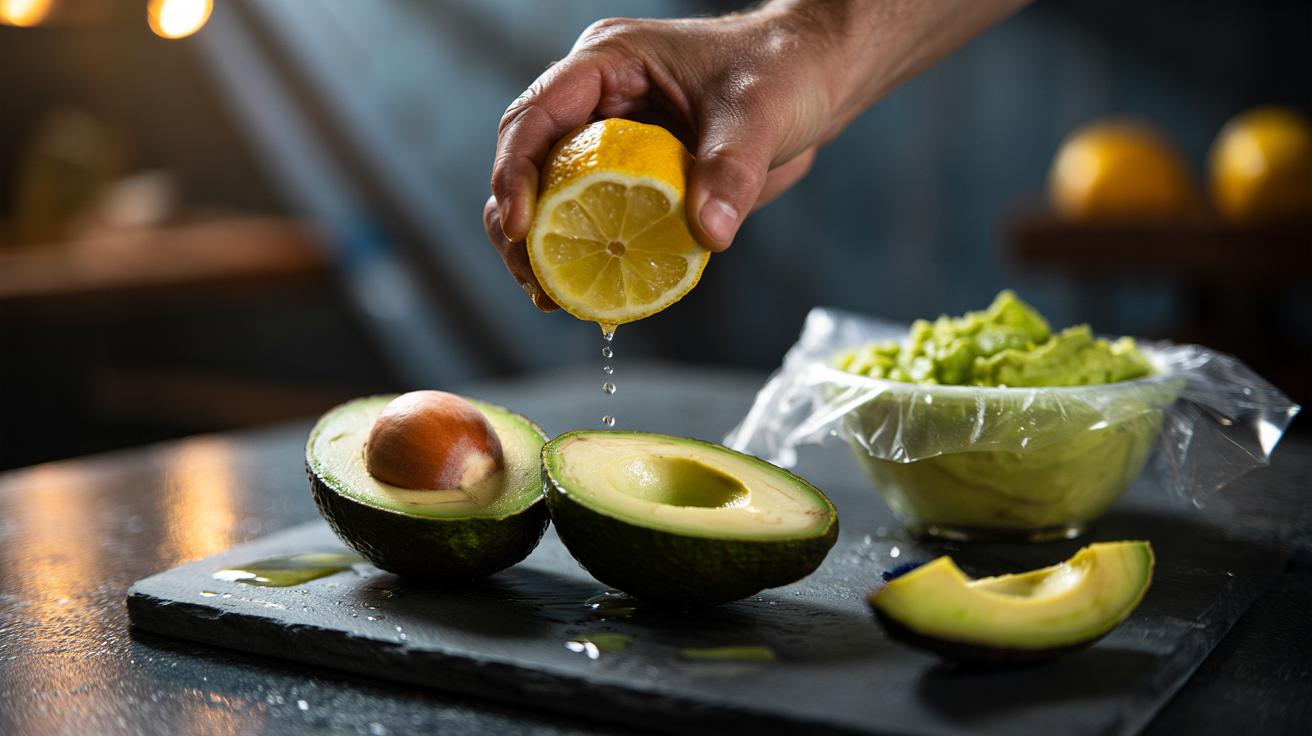 Illustration of freshly cut avocado slices being coated with lemon juice to prevent browning