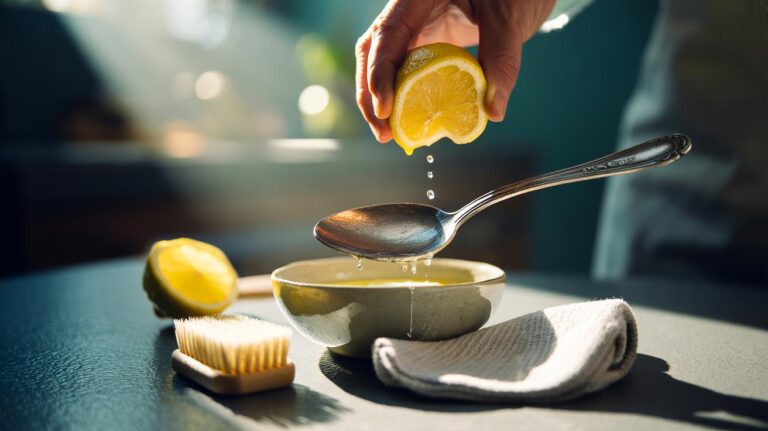 Illustration of lemon juice being applied to tarnished silverware to dissolve tarnish through citric acid