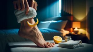 Illustration of a person placing a lemon peel inside a cotton sock on a callused heel before sleep