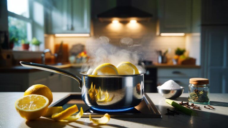 Illustration of a saucepan of lemon peels simmering on a hob, releasing citrus steam to neutralise lingering curry odours in a home kitchen